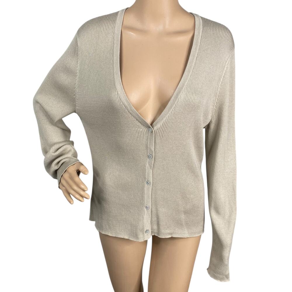NWT J. Jill Ribbed V-Neck Cardigan L | Khaki Minimalist Neutral Basic Knit
